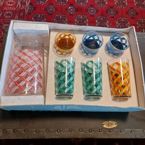Vintage Luminarc Geometric Glass Pitcher and 6 Glass Set MCM Retro Colorful